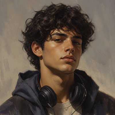 head-and-shoulders portrait of an original character: a young man with curly dark hair and headphones around his neck, plain backdrop, no text