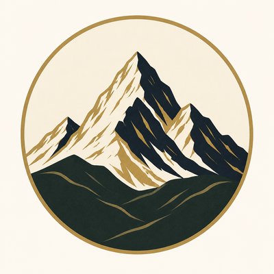 an emblem of a mountain peak inside a circle, simple bold shapes on a plain background, no text or lettering