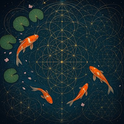 A koi pond seen from above, orange and white koi fish swimming among lily pads, clear water with subtle ripples, fallen cherry blossom petals floating on the surface, dappled sunlight