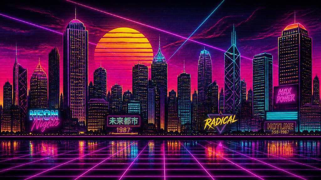 a city skyline panorama at dusk with glowing windows, no people