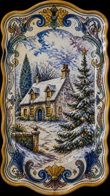 a snow-covered cottage with warm glowing windows beside a decorated pine tree, gentle snowfall, no text