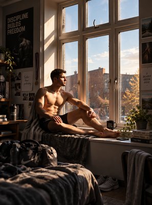 a shirtless man sitting on a window sill