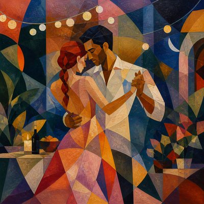 an original couple dancing under string lights in a garden at dusk: a man with short black hair in a linen shirt and a woman with braided red hair in a summer dress