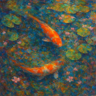 A koi pond seen from above, orange and white koi fish swimming among lily pads, clear water with subtle ripples, fallen cherry blossom petals floating on the surface, dappled sunlight