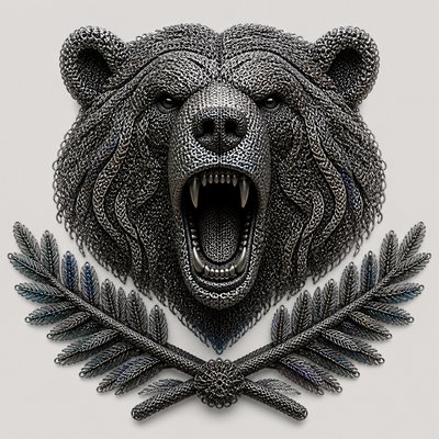 a roaring bear head above crossed pine branches, bold graphic composition on a plain background, no text