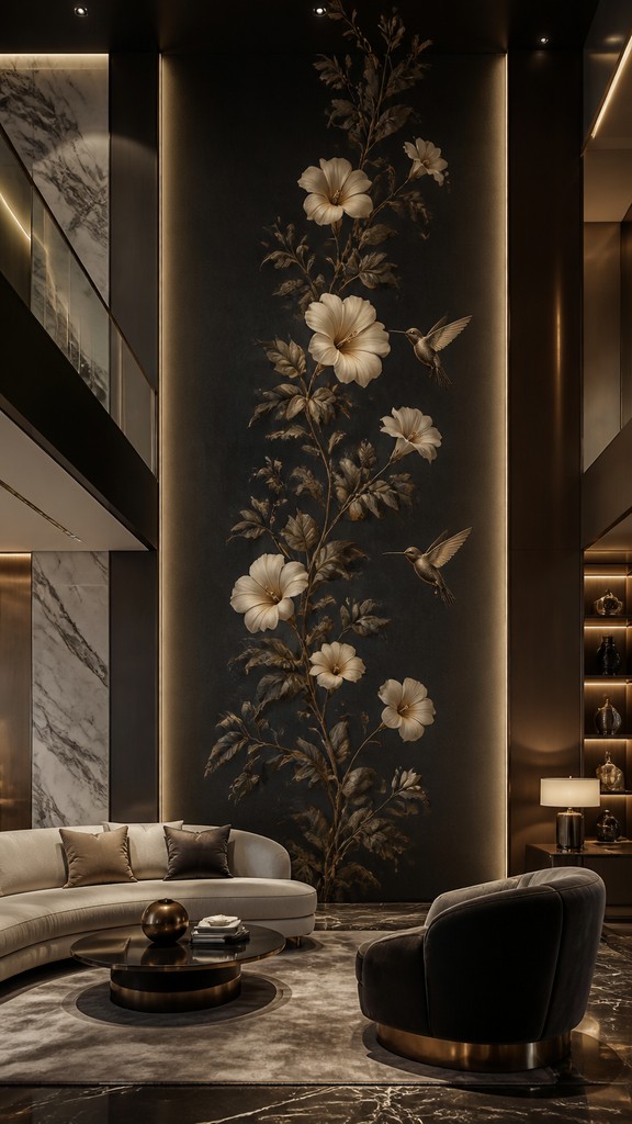 a climbing vine of flowers and hummingbirds on a dark background, tall wrapping composition, no text