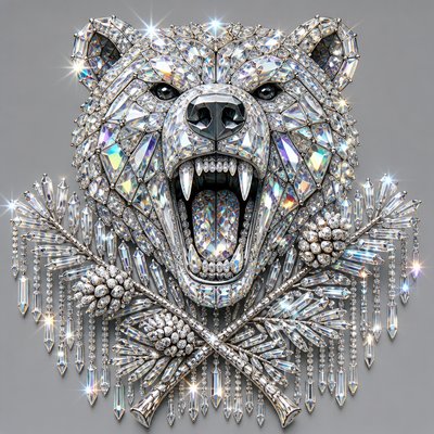 a roaring bear head above crossed pine branches, bold graphic composition on a plain background, no text