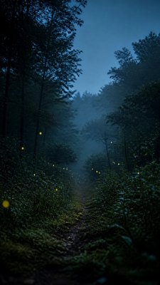 a mysterious forest path with fireflies and drifting mist, atmospheric vertical composition with open space at the top, no text