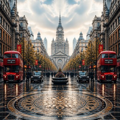 urban street with city activity — Perfect Symmetry Art Style