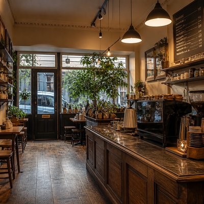 cozy cafe interior with warm lighting