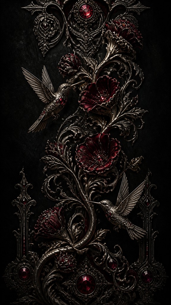 a climbing vine of flowers and hummingbirds on a dark background, tall wrapping composition, no text
