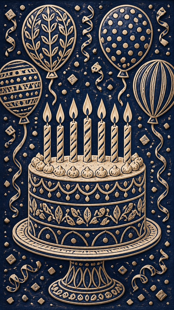 a birthday cake with lit candles surrounded by balloons and confetti, festive vertical composition, no text