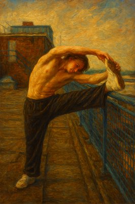 a painting of a man leaning on a fence
