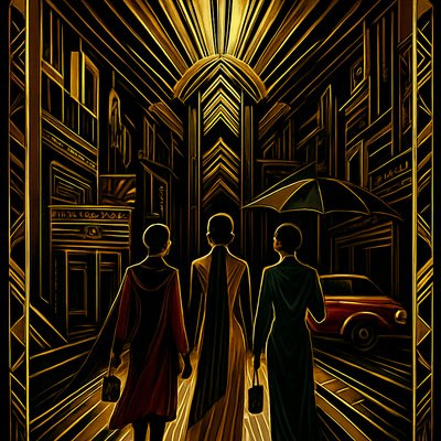 a painting of three people walking down a street