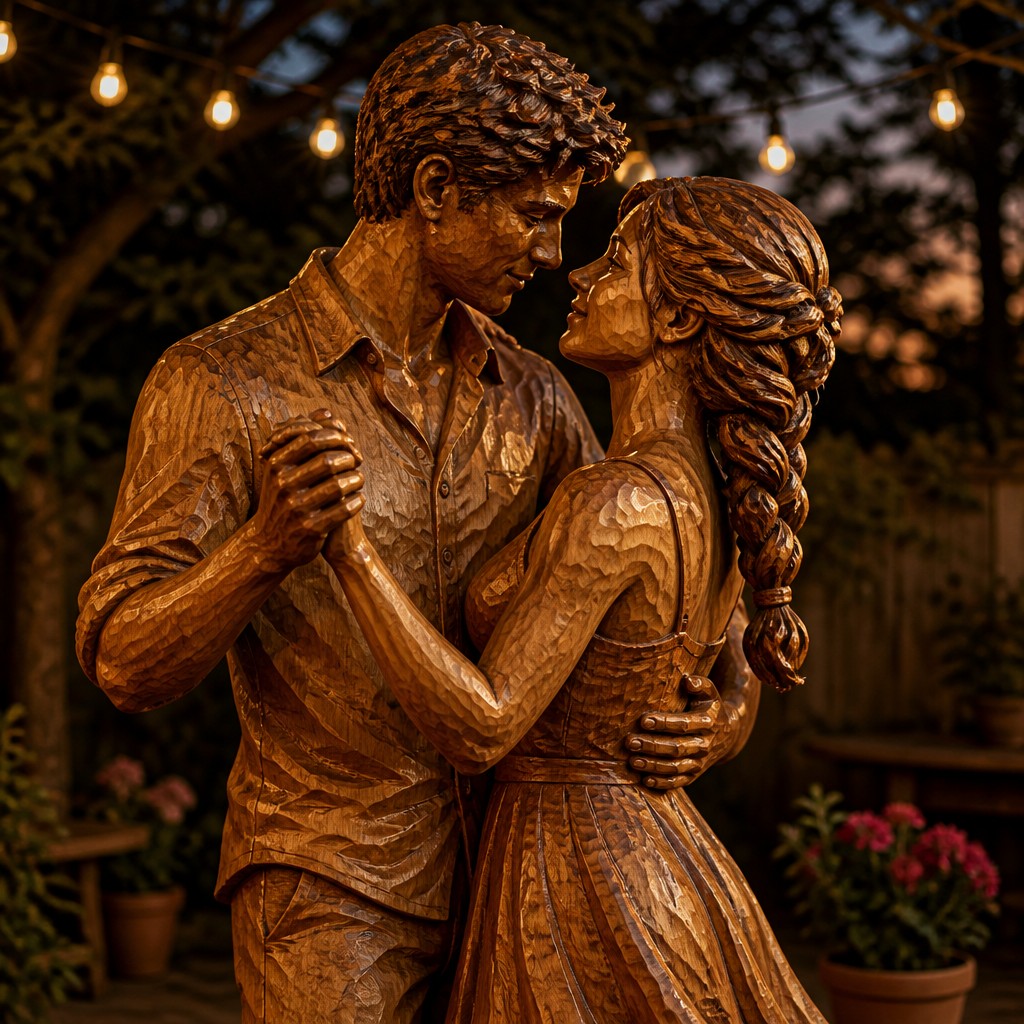 an original couple dancing under string lights in a garden at dusk: a man with short black hair in a linen shirt and a woman with braided red hair in a summer dress