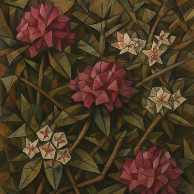 Art Style: Analytical Cubism, avant-garde oil painting style reminiscent of Picasso and Braque.

Subject: A dense, tangled thicket of Rhododendrons and Mountain Laurel bushes.

Composition & Details: The entire natural scene is deconstructed into overlapping geometric planes, fractured shards, and intersecting angles. There are no curved lines; everything is rendered in cubes, cones, and trapezoids.

    The Rhododendrons: Large, showy flower trusses are broken into faceted crystalline structures of deep magenta, rose pink, and violet blocks, looking like explosions of colored quartz rather than soft petals.

    The Mountain Laurels: The smaller, intricate flowers are rendered as complex, repeating geometric star-patterns and angular cups in white and pale pink with distinct red polygonal markings.

    Foliage & Branches: The thick, leathery leaves are fragmented green triangles and parallelograms overlapping each other, creating a sense of depth without traditional perspective. The woody stems and branches are jagged, intersecting brown and grey cylinders that shatter across the frame.

Color & Texture: A palette of muted earth tones—ochre, burnt umber, forest green, and slate grey—contrasted sharply with the jewel-toned facets of the flower colors. The finish should have a heavy, textured oil paint feel with visible palette knife marks and rough brushwork.