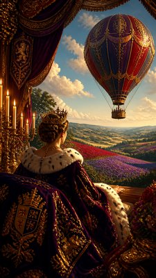 a hot air balloon drifting over rolling flower fields on a sunny day, cheerful, no text