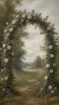 an arch of white roses and eucalyptus in soft morning light, elegant vertical composition with open space, no text