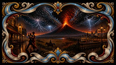 an erupting volcano with lightning strikes, dramatic wide composition, no text