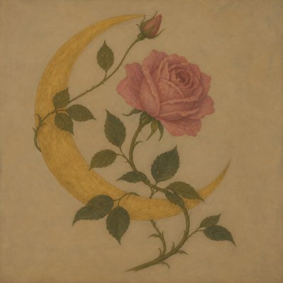 a rose entwined with a crescent moon, clean balanced composition on a plain background, no text
