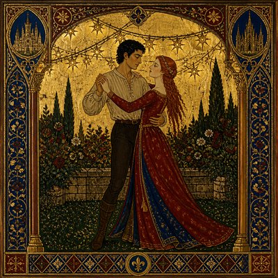 an original couple dancing under string lights in a garden at dusk: a man with short black hair in a linen shirt and a woman with braided red hair in a summer dress