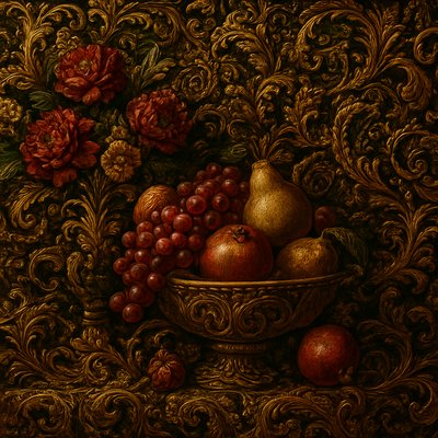 still life arrangement of fruits and flowers
