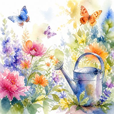 a garden scene with butterflies, flowers and a watering can, clean uncolored line art, no text