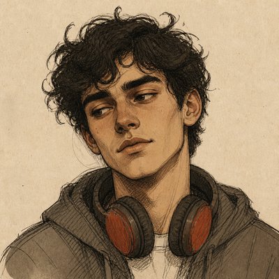 head-and-shoulders portrait of an original character: a young man with curly dark hair and headphones around his neck, plain backdrop, no text