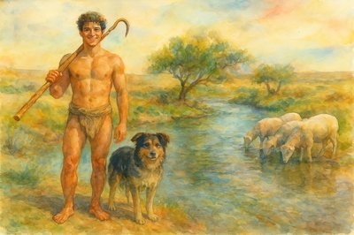 a painting of a man and his dog by a stream