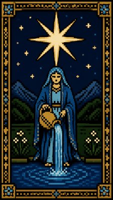 a robed figure pouring water beneath a large eight-pointed star in a night sky, symmetrical composition with an ornate decorative border, no text