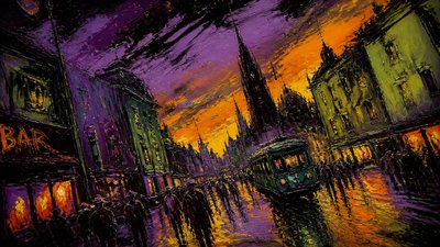 bustling city street panorama at dusk