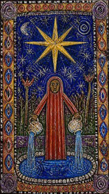 a robed figure pouring water beneath a large eight-pointed star in a night sky, symmetrical composition with an ornate decorative border, no text