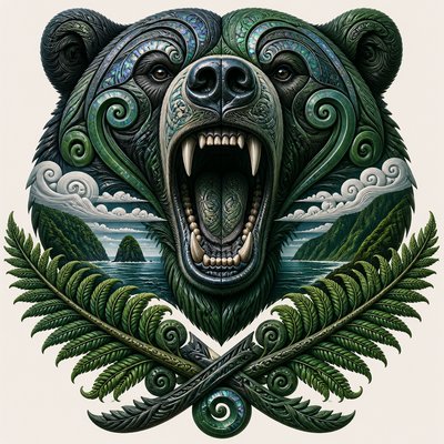 a roaring bear head above crossed pine branches, bold graphic composition on a plain background, no text