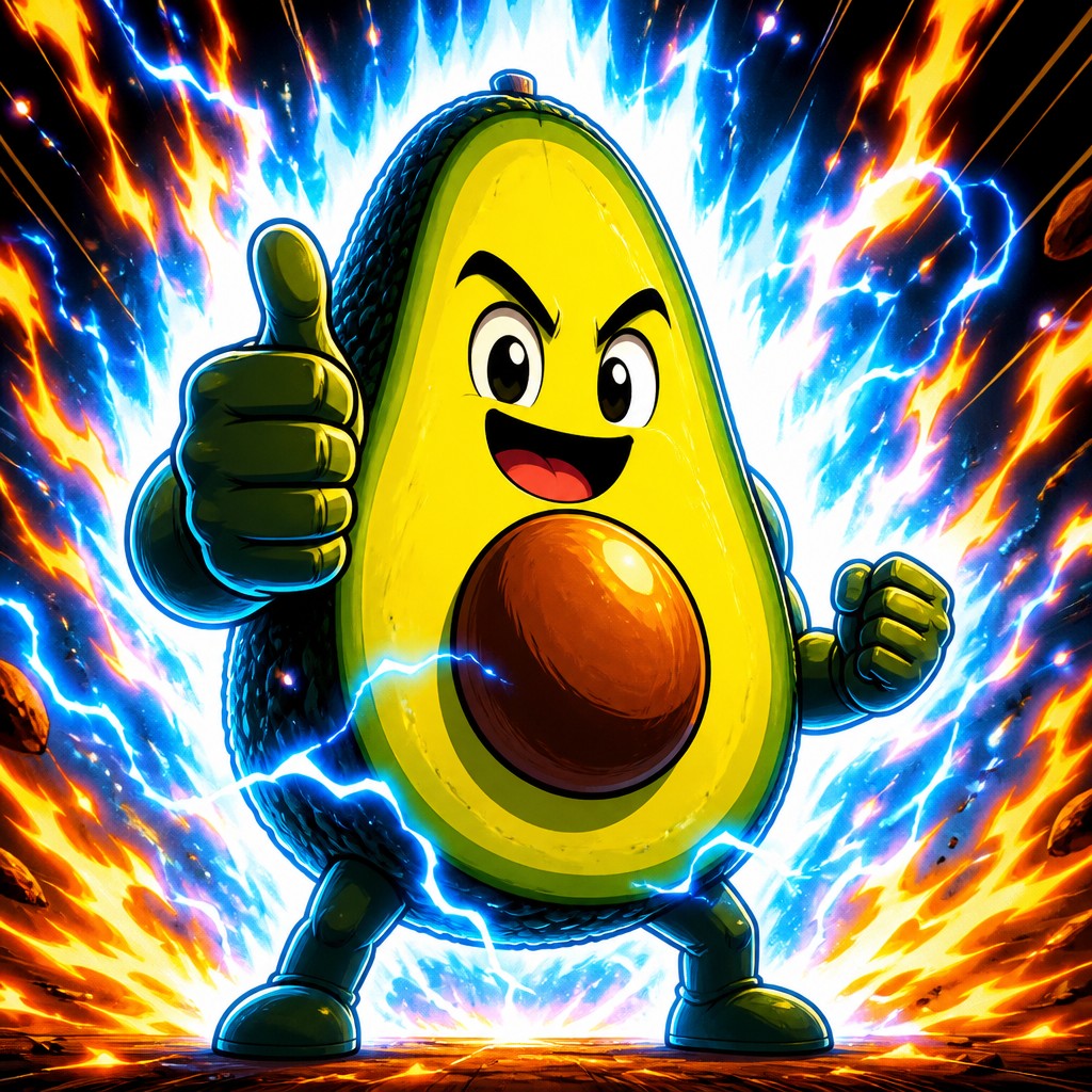 a happy avocado character giving a thumbs up, bold readable design on a plain background, no text