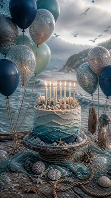 a birthday cake with lit candles surrounded by balloons and confetti, festive vertical composition, no text