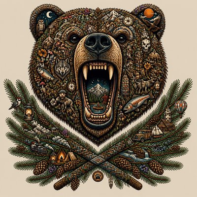 a roaring bear head above crossed pine branches, bold graphic composition on a plain background, no text