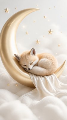 a sleeping baby fox curled on a crescent moon among soft stars, gentle and warm, no text
