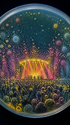 a live music scene with a glowing stage and silhouetted crowd, energetic vertical composition with open space at the top, no text