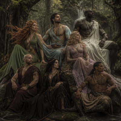 Je veux que tu me fasses des divinités au pluriel, un peu genre ancien très majestueux, mais qu'il soit pas genre vieux genre vers les 40 ans, on commence avec une temme, les cheveux roue, les yeux verts, elle est blanche elle est habillé en voile vert avec des bijoux doré, ensuite un brin, les cheveux un peu noir, genre vraiment cour, il a l'air un peu perse iranien, musclé il est habillé en bleu ciel avec un peu de doré. Un autre homme noir hyper grand et muscles genre enorme . Habillé en blanc et argenté. enfin une femme rose pourpre ou violet claire qui est blonde et or rose ou argenté. Enfin un homme habillé en rouge sombre. Il est blanc le crane rase et une barbe, il est musclé mais pas beaucoup et sa tenue est sans manche. Et une femme blanche habillé en noir les cheveux noir et un homme qui a l’air amérindien il a les cheveux court et il est habillé en marron beige et argenté il est musclé et sans tee shirt genre juste le pantalon Je veux vraiment qu’ils aient 40 ans et qu’il y ait une Vibe de Dieu ancien. Je veux vraiment que qu’on ait l’impression qu’il se repose genre qu’ils sont posés le vent vers les cheveux comme s’il était dans une bande bizarre, et je veux que les couleurs soient pas très agressives, genre qu’elles soient hyper hyper terne. La soie, un duo des voiles.