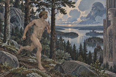 Helsinki male ignudi athlete running in the forest
