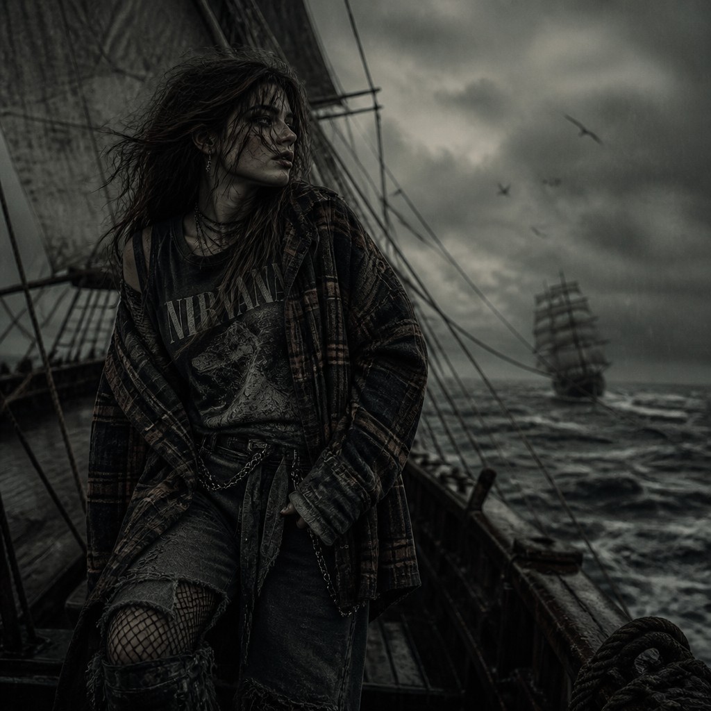 sailing ship on a stormy sea — Grunge Fashion Style