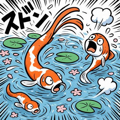 A koi pond seen from above, orange and white koi fish swimming among lily pads, clear water with subtle ripples, fallen cherry blossom petals floating on the surface, dappled sunlight