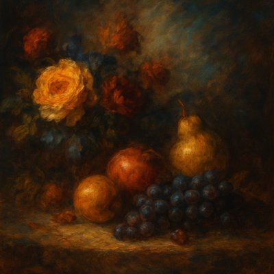 still life arrangement of fruits and flowers
