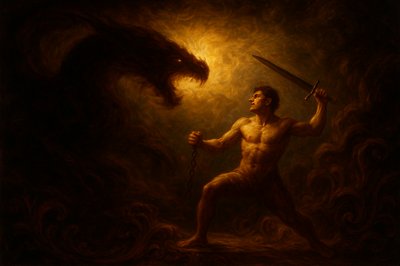 a painting of a man holding a sword next to a demon