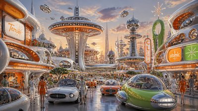 bustling city street panorama at dusk