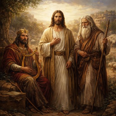 “The book of the generation of Jesus Christ, the son of David, the son of Abraham.” (Matthew 1:1, KJV) Please only show Jesus, King David and Abraham in the illustration.
