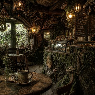 cozy cafe interior with warm lighting