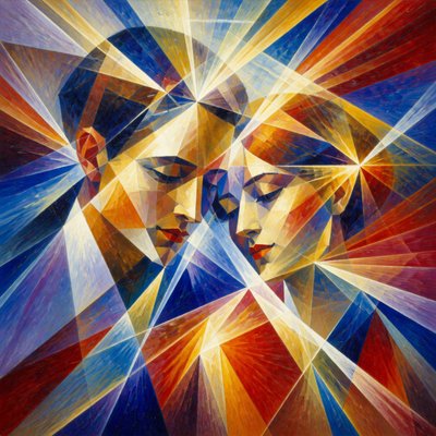 portrait of two people together — Rayonism Art Style
