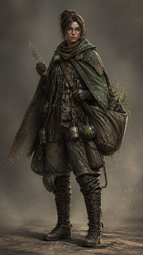 full-body original character: a wandering botanist with a satchel of plants, a patched green cloak, tall boots and round glasses, neutral background