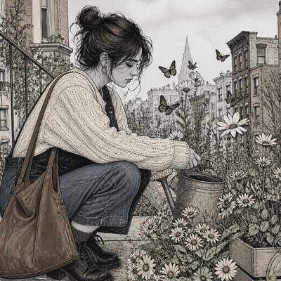 a garden scene with butterflies, flowers and a watering can, clean uncolored line art, no text